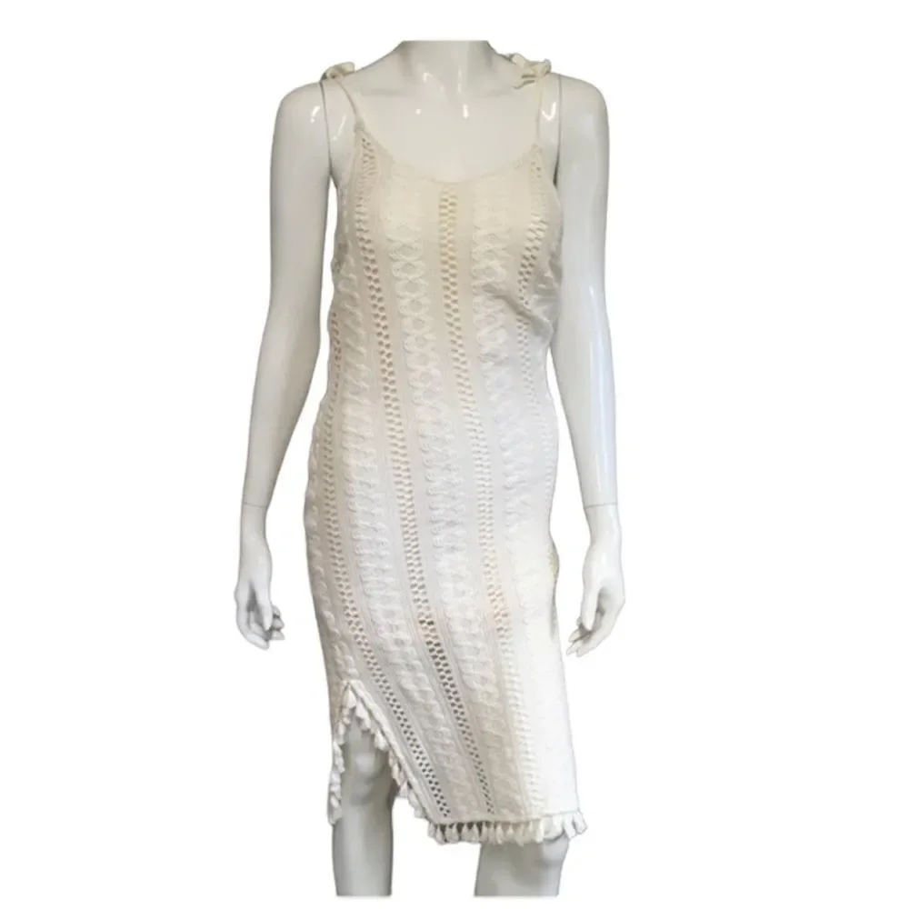 Reserved Womens Crochet Tasseled Trim W/ Slit Dress Cover Up Off White XS